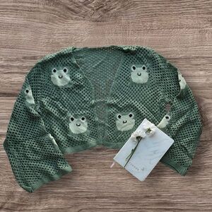 Green Frog Patterned Knitted Mesh Cardigan